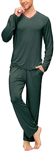 Image of MoFiz Men’s Pyjamas Set 2 Piece Pjs Set Long Sleeve Sleepwear Nightwear Soft Stretch Comfy Lounge Sets Top & Bottoms Dark-gren Size US M