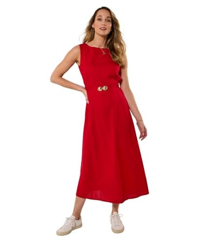 Image of Joe Browns Women's Linen Blend Elegant Boat Neck Belted Dress, Slim, Red, UK 14