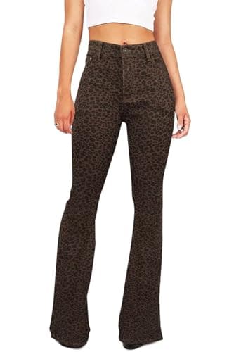 Image of KDF Flare Jeans for Women Women's Bootcut Bell Bottom Jeans High Waisted Stretch Slimming Bell Bottoms Jeans, Leopard Spots, 14
