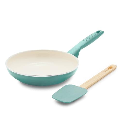Image of GreenPan Rio Healthy Ceramic Nonstick 8" Frying Pan Skillet and Silicone Spatula Set, Soft Grip Handle, Breaktfast Meal Set, PFAS-Free, Dishwasher Safe, Oven Safe, Turquoise