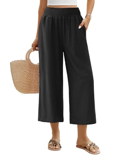 Image of Niwicee Women's High Waist Wide Leg Trousers - 3/4 Cropped Palazzo Pants in Linen Cotton with Pockets - Elegant Loose Lounge Style