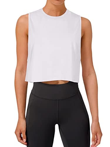Image of REORIA Women Crop Tops Workout Tops Loose Sleeveless Cropped Muscle Tank Open Back Shirts White S