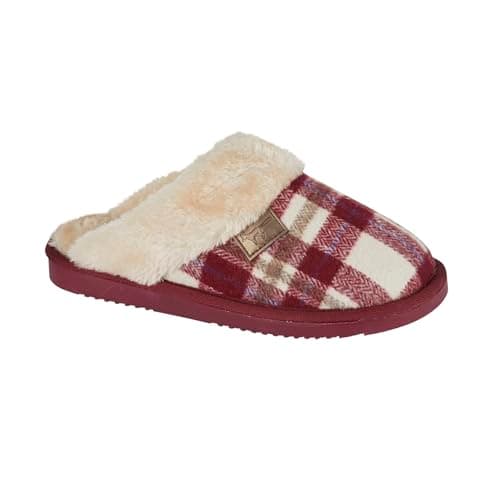 Image of Ladies Jo & Joe Tartan Faux Fur Trim Fleecy Lined Slip On Comfort Fashion Mule Slippers Shoes Sizes 3-8 (Cherry, UK Footwear Size System, Adult, Women, Numeric, Medium, 6)