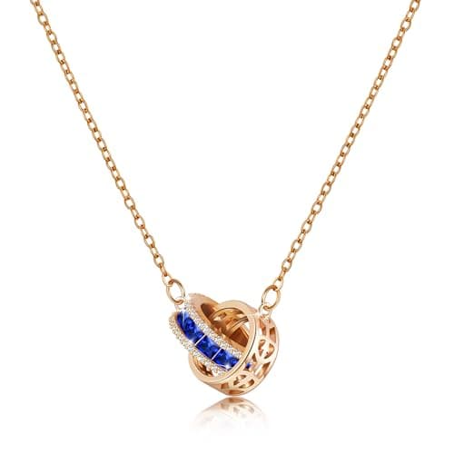Image of Linawe Sapphire Blue Interlocking Double Circle Necklace for Women, Moissanite Imitation Diamond Crystal Birthstone Rhinestone Pendant Necklaces, Rose Gold Stainless Steel Chain