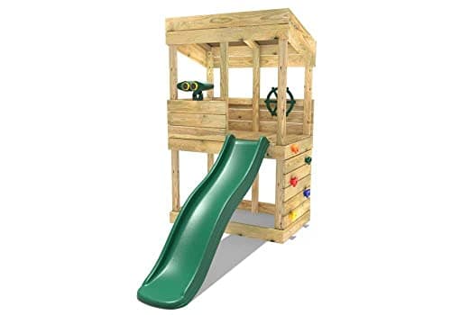 Image of Rebo® Children's Wooden Lookout Tower Playhouse with 6ft Slide | OutdoorToys | Lookout Tower, Slide, Climbing Wall, Steering Wheel and Binoculars - Perfect for Gardens