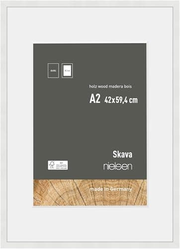 Image of nielsen Skava Wooden Picture Frame - White A2, 42x59.4cm with White Mount to fit A3 photo - Float Glass and Easy Push-Turn Clips