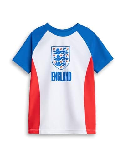 Image of Vanilla Underground England Football Team Crest Boys Blue Swim Top | Classic Short Sleeve Swimwear with Crew Neck | Sports Beachwear Featuring England Logo | Ideal for Young Fans - 8-9 Years