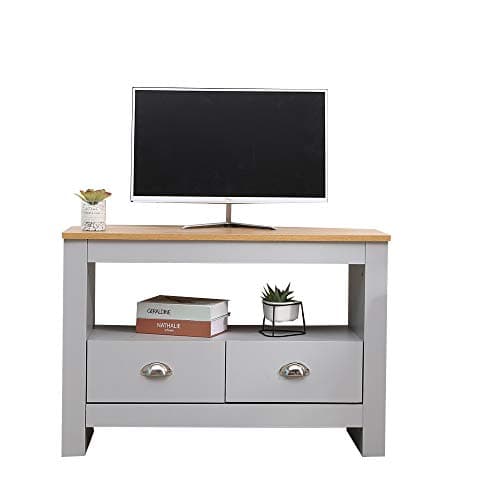 Image of Kingwudo® Wooden Corner TV Unit TV Stand Storage Cabinet with 2 Drawers Small Space Modern for Living Room Furniture (Grey+Oak Color)