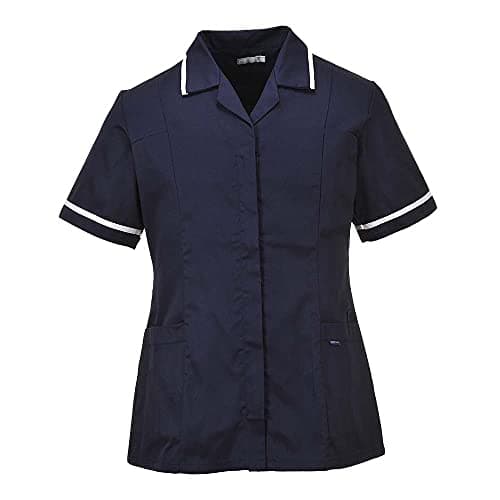 Image of Portwest LW20 Women’s Classic Tunic Polycotton Work Uniform with Pockets Ladies Healthcare Beauty Concealed Zip Action Back Spa Salon Nail Massage Therapist Shirt Top, Navy, Medium
