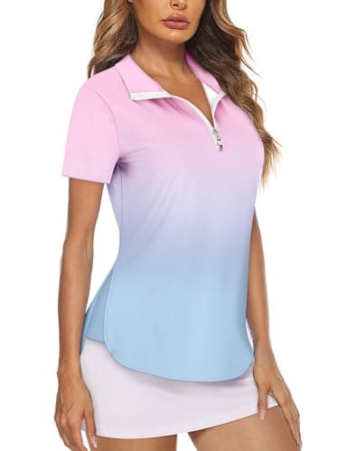Image of Gemulate Short Sleeve Ladies Tank top Tie Dye Sports Tops Golf Clothing Zip Clothes Running Yoga Workout Floral Womens Tennis Tops Sportswear Pink and Blue L