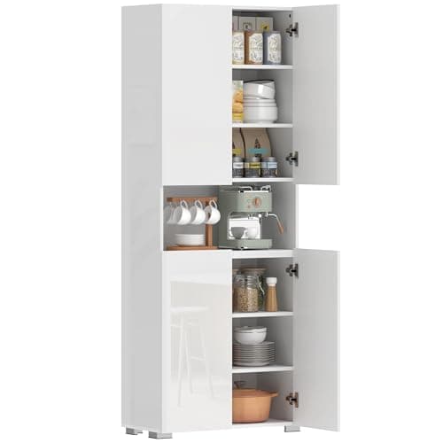 Image of HOMCOM 180 cm Tall Kitchen Cupboard, Pantry Storage Cabinet with Soft Close Doors and Adjustable Shelves, Freestanding Kitchen Cabinet for Dining Room, High Gloss White
