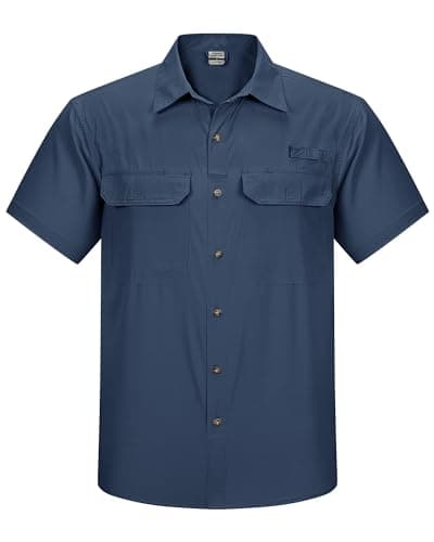 Image of Outdoor Ventures Men's Quick Dry Casual Shirts UPF 50 Button Down Hiking Shirts Lightweight Short Sleeve Cooling Shirt for Safari Fishing Golf Travel Navy Blue L