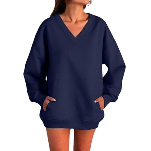 Image of Cocila Sweatshirts for Women Uk Long Sleeve Tops V Neck Pullover with Pockets Autumn Winter Windproof Warm Solid Color Soft Comfy Sportwear Jumpers Navy M