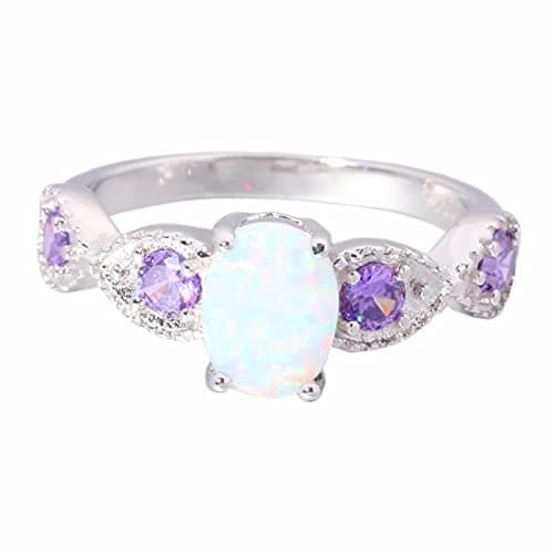 Image of Authentic 925 Sterling Silver Created White Fire Opal Purple Zircon For Women Jewelry Ring