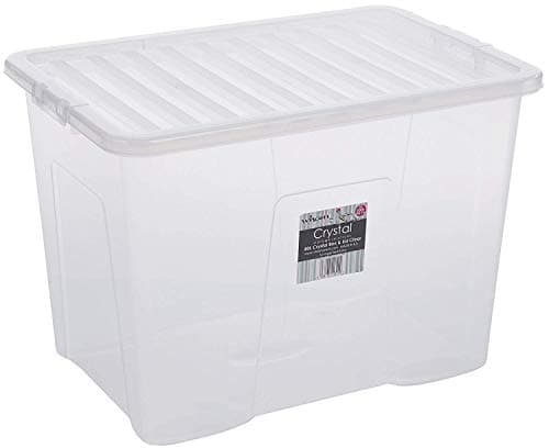 Image of Wham Crystal Plastic Storage Boxes With Lids Home Office Stackable Nestable Container Box, 80L Easy fit Underbed Protective Storage Box, 60 x 40 x 42 cm - Tint Clear (Set of 5)