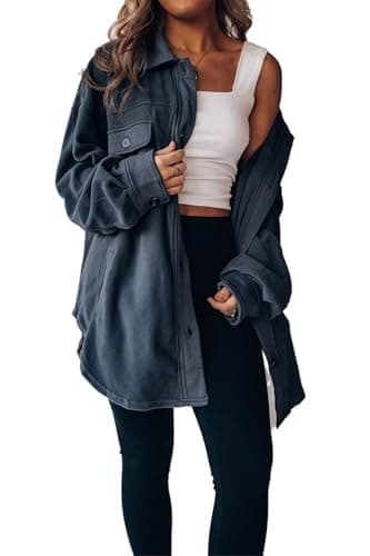 Image of Women's Casual Long-Sleeved Single-Breasted Fleece Shacket Jacket,Oversized Shacket Coat Loose with Pockets (Navy,L)