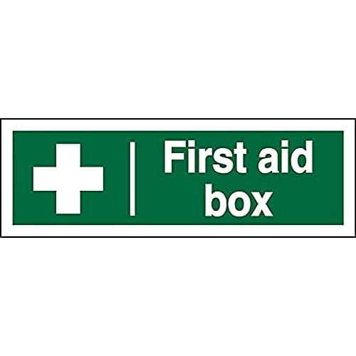Image of Seco First Aid Box Sign, 300mm x 100mm - Self Adhesive Vinyl, White