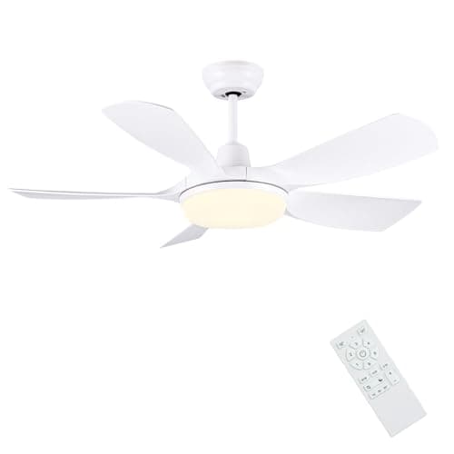 Image of Newday 42 White Ceiling Fan with Remote Control, Dimmable LED, Reversible 5 Blades, Quiet DC Motor, 6 Speeds, Memory Function for Bedroom, Living Room, Patio