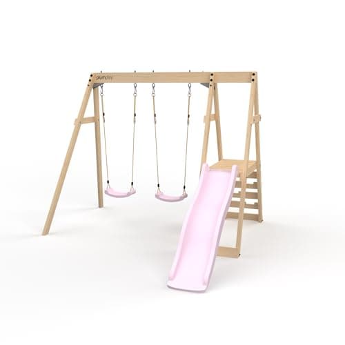 Image of Plum Play Tamarin Wooden Garden Double Swing and Slide Childrens Outdoor Climbing Frame - 3 Years Plus - Max User 50kg per Accessory (Pink)