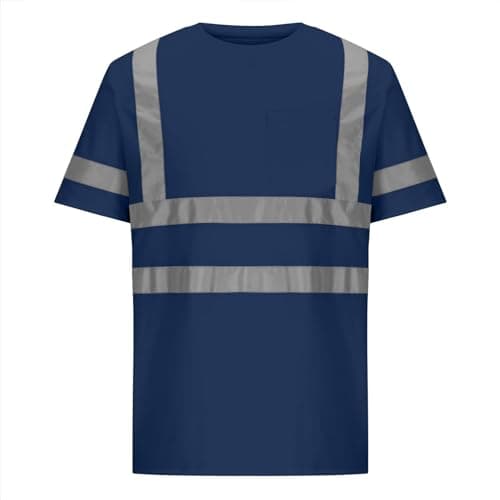 Image of Men's Hi Vis T-Shirts with Pocket, High Visibility Crew Neck Short Sleeves T Shirt, Reflective Tape Security Workwear Summer Quick Dry Tees Tops Lightweight Utility and Safety Tshirts Navy
