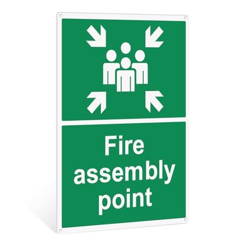 Image of Fire Assembly Point Sign Outdoor - 40x30cm - 1mm Rigid Plastic Fire Safety Signs with 4 Pre-Drilled Holes and Self adhesive Backing