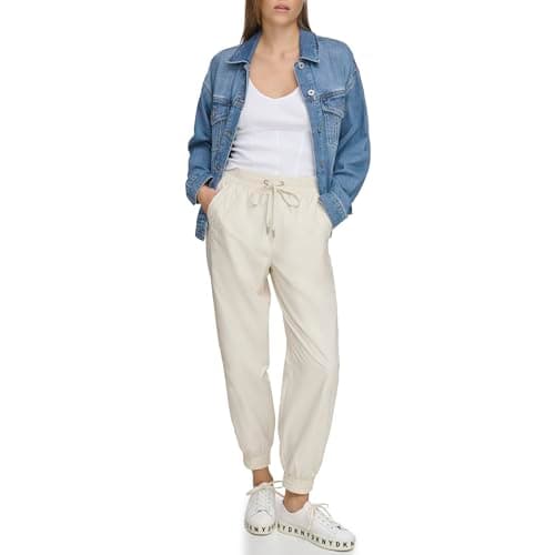 Image of DKNY Women's Pull On Tie Waist Side Stripe Trousers Sweatpants, Light City Khaki,