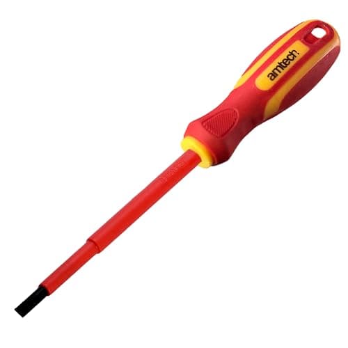 Image of Amtech Slotted 5.5 × 125 mm VDE 1000 V Electrical Screwdriver, Chrome Vanadium Shaft with Corrosion-Resistant Tip & Insulated Handle for Live Work
