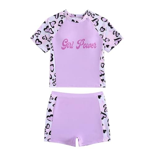 Image of Hotfiary Girls Two Piece Short Sleeve Swimsuit, Kids UPF 50+ Swimming Costume, Tween Girl Heart Leopard Swim Shirt Top and Short Set, Summer Sun Protection Beach Pool Swimwear for 8 9 10 11 12 Years