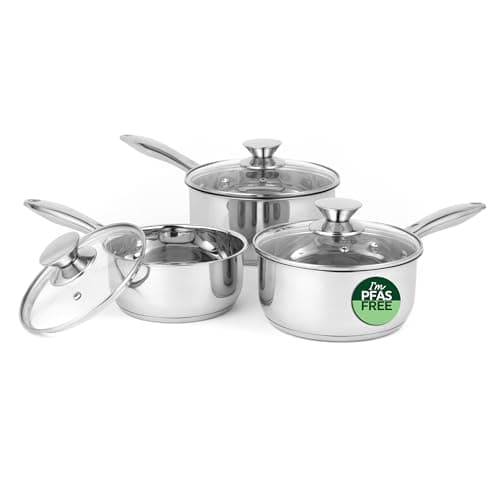 Image of Russell Hobbs 3 Piece Saucepan Set - Stainless Steel, Includes 16/18/20 cm Cooking Pan with Tempered Glass Lids and Steam Vents, Dishwasher Safe, Suitable for All Hob Types