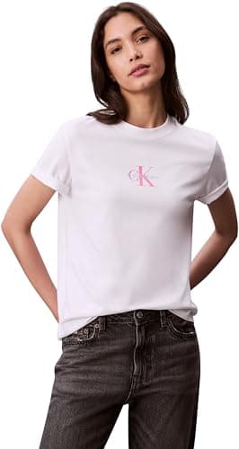 Image of Calvin Klein Women’s Short Sleeve Classic Logo Cotton T-Shirt, White (Brilliant White), XS