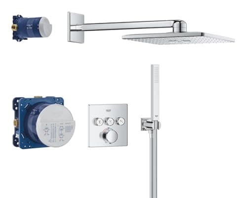 Image of GROHE Precision SmartControl - Concealed Shower System with 3 Valves Thermostat (31cm Head 2 Sprays, Shower Outlet Elbow with Holder, Hand Shower 1 Spray, Hose 1.5m, Square Trim), Chrome, 1072460000