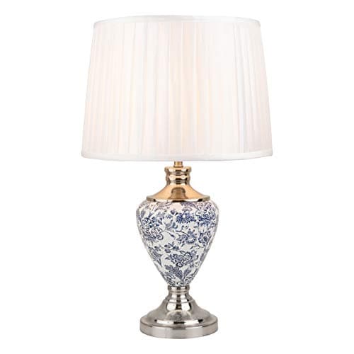 Image of Lighting Supermarket Hepburn Large Ceramic Table Lamp with Ivory Pleated Shade - Modern White, Blue Silver