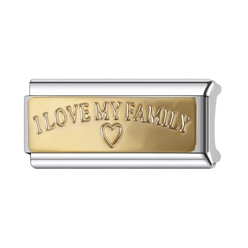 Image of Mon & Sons I Love My Family Gold Heart Superlink Long Double Size Width 9mm Stainless Steel Silver Italian Link Charm Compatible With 9mm Link Bracelet