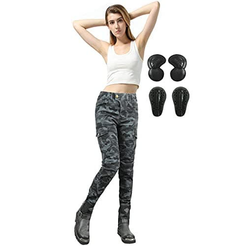 Image of SHAIYOU Womens Motorcycle Trousers,Ladies Motorbike Protective Camo Jeans Riding Motocross Stretch Racing Pants with 4 Removable Armour (Blue,M)