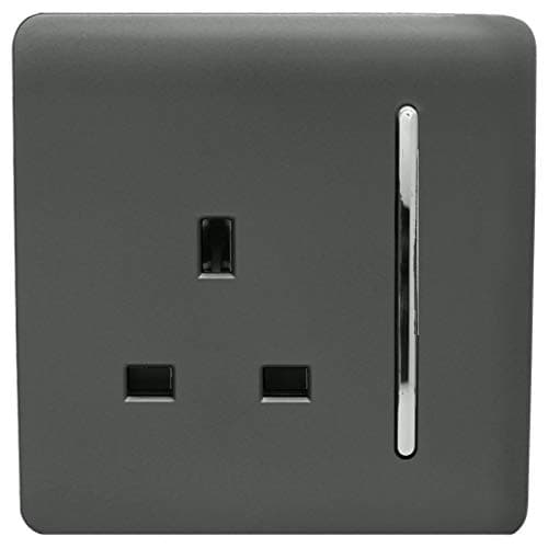 Image of Trendi 1 Gang Raised Artistic Modern Glossy Screwless 13 Amp Single Pole with Chrome Switched UK Standard Electrical Double Wall Plug Socket in Charcoal Grey - ART-SKT13CH