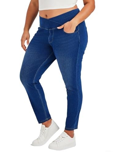 Image of LaiEr Women V Crossover Skinny Jeans High Waist Tummy Control Casual Fitness Leggings,Supple Elasticity Casual Denim Pants uitable for Yoga,Fitness,and Leisure,with Side Pockets.(DarkBlue,XXL)