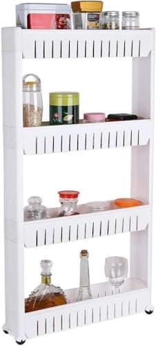 Image of HYGRAD BUILT TO SURVIVE Slim Slide Out Kitchen Trolley, Storage Shelf, Moving Wall Cabinets Tower Holder Rack on Wheels, Rolling Storage Unit Cart for Kitchen, Bathroom, Laundry (White, 4 Tier)
