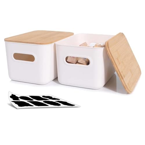 Image of Citylife 2Pack 6.5L Storage Box with Wood Lid, Plastic Storage Containers for Bathroom, Stackable Organizing Box with Handle for Shelves, Kitchen, White, 25.8 x 17.8 x 14.8 cm