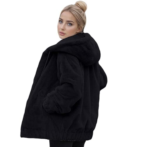 Image of Fleece Jumpers for Women Womens Fleece Jacket Full Zip Up Fuzzy Teddy Coat Winter Hooded Jackets Lapel Cardigan Hoodies Casual Warm Outwear with Hood And Pockets Black