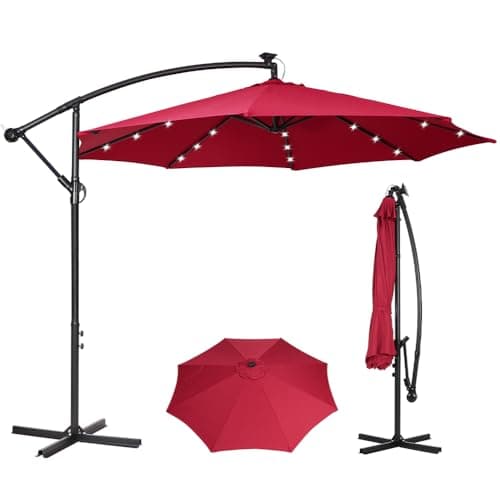 Image of Panana 3M Cantilever Garden Parasol with Solar LED Lights, Outdoor Banana Hanging Umbrella with Crank and Tilt, UV Protection Sun Shade Canopy Offset Parasol for Pool, Deck, Patio, Balcony (Red)