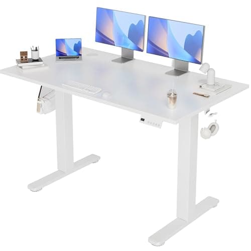 Image of Claiks Electric Standing Desk 120x60cm Height Adjustable Desk with 3 Memory Presets & Sit Stand Reminder, Quiet Home Office Computer Desk with LED Display, Cable Holes & Hooks, White