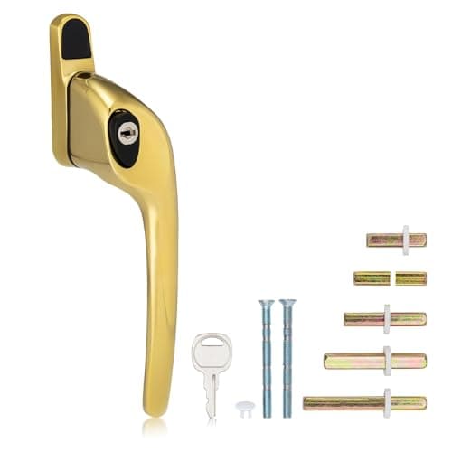 Image of XFORT Cranked Locking Window Handle Installation Kit in Polished Brass, Right Hand UPVC Window Handle Replacement, Offset Lockable Window Lever