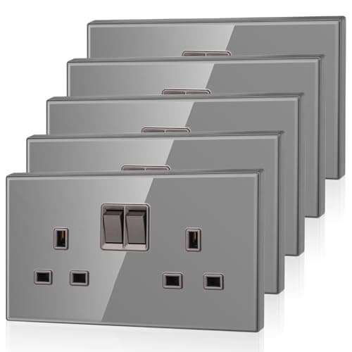 Image of 5 Pack CNBINGO Glass Double Switched Power Socket, Electric Power Sockets 2 Gang 13 Amp, Grey Double Wall Outlet with Tempered Glass Panel