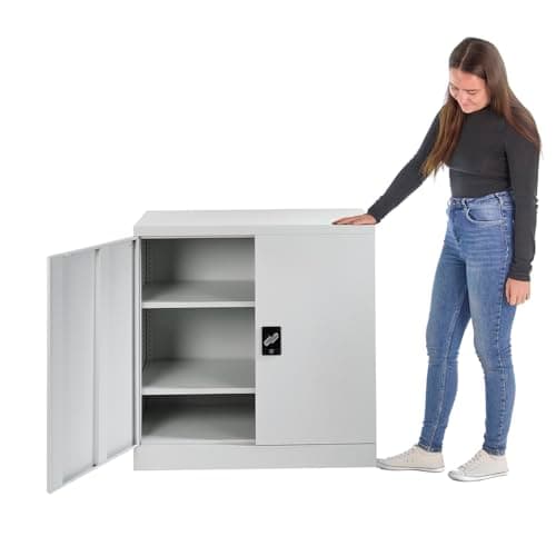 Image of MMT Furniture Steel Storage Cabinet - 2 Door Lockable Filing Cabinet - Metal Storage Cupboard for Home, Office Documents, Files, Kitchen, Shoe Storage, Pantry & Garage - Grey