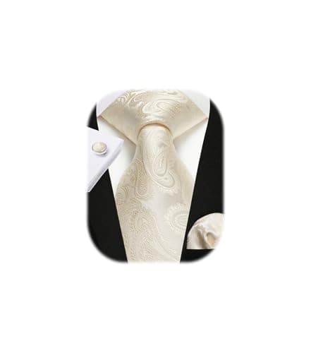 Image of Enlision Paisley Beige Ties for Men Wedding Champagne Tie and Pocket Square Cufflinks Set Floral Jacquard Cream Necktie Handkerchief Party
