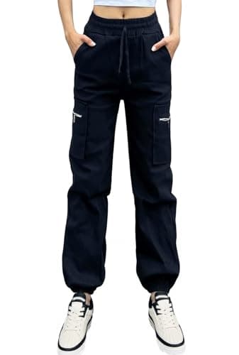 Image of Nuofengkudu Cuffed Harem Cargo Trousers Women UK Zipper Pockets Drawstring Elasticated High Waisted Loose Vintage Ladies Work Combat Bottoms Teen Girls Harem Joggers Pants Fashion Streetwear Black L