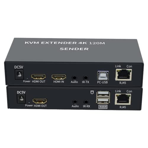 Image of 4K HDTV 120M KVM Extender HDMI-Compatible USB-A Keyboard Mouse 3.5mm AUX Aluminium Alloy Over CAT6 RJ45 Lan Ethernet Extender (120M)