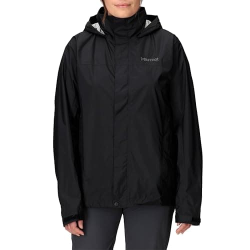 Image of Marmot Women's PreCip Eco Jacket, Waterproof Jacket, Lightweight Hooded Rain Jacket, Windproof Raincoat, Breathable Windbreaker, Ideal for Running and Hiking, Black, M