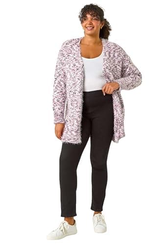 Image of Roman Curve Fluffy Textured Cardigan for Women UK - Ladies Everyday Autumn Winter Comfy Soft Evening Vacation Work Party Night Out Longline - Pink Plus - Size 22