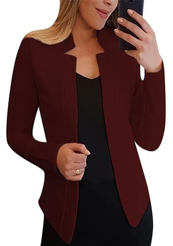 Image of ZICUE Women's Elegant Slim Fit Long Sleeve Blazer Casual Lapel Front Open Blazer Autumn Business Office Blazer, Burgundy red, L